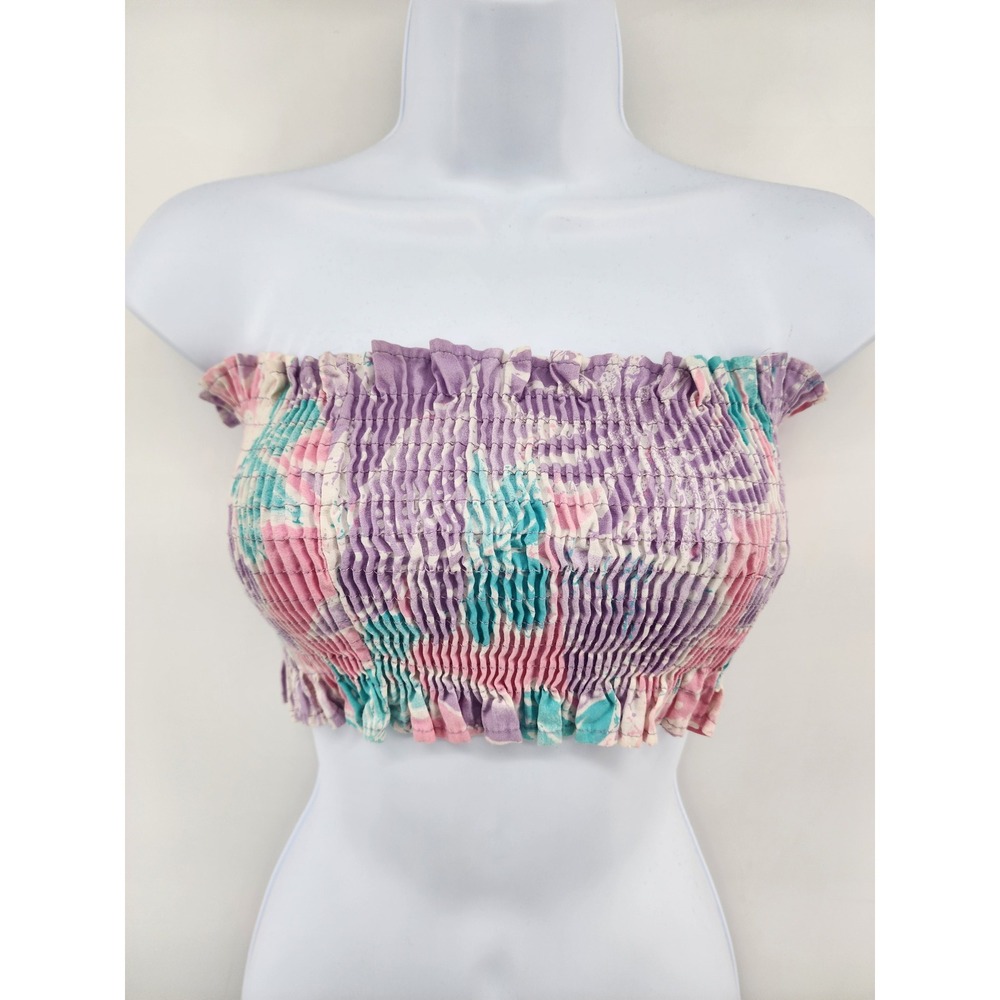 Vintage Floral Smocked Tube Top Pastel Pink Purple Teal Strapless‎ Crop Top